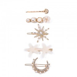 Korean-style cute pearl hair clips, Instagram double white sea star Moon 5-piece set hair clips, simple heart-shaped hair clips, wholesale hair accessories