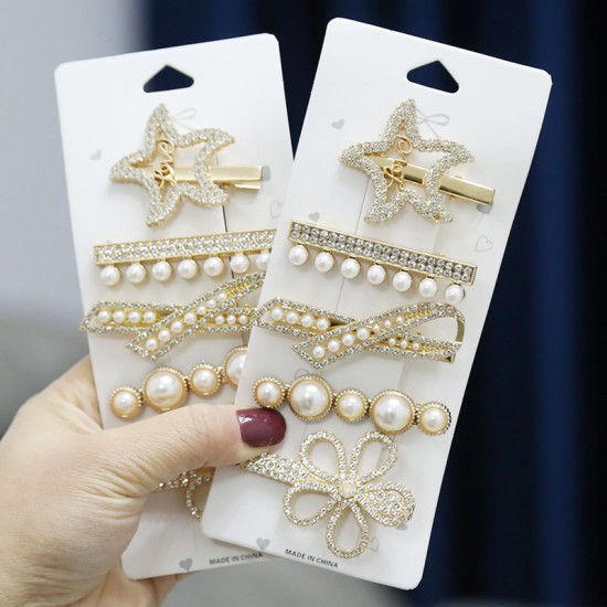 Starry Sea hair clip, Pearl Rhinestone Bow Hair clip, Korean version five-piece set edge clip, Broken Hair girl head accessory clip Starry Sea hair clip, Pearl Rhinestone Bow Hair clip, Korean version five-piece set edge clip, Broken Hair girl head accessory clip