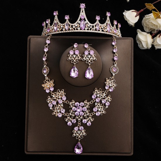 Bridal set, super ethereal purple three-piece set, necklace, earrings, crown, headwear, wedding accessories, birthday crown, girl Bridal set, super ethereal purple three-piece set, necklace, earrings, crown, headwear, wedding accessories, birthday crown, girl