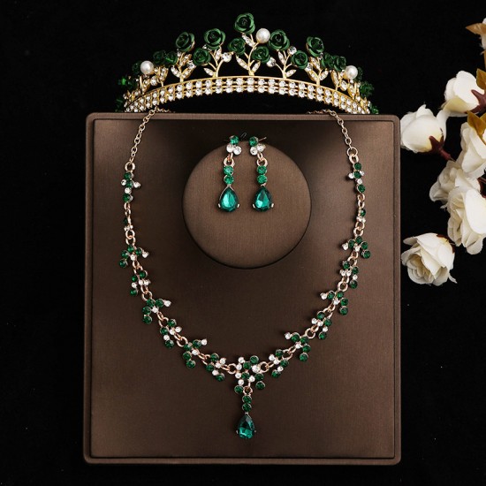 Green bridal crown three-piece set, wedding crown, headwear, necklace, earrings, Korean-style super ethereal wedding dress, evening gown and accessories Green bridal crown three-piece set, wedding crown, headwear, necklace, earrings, Korean-style super ethereal wedding dress, evening gown and accessories