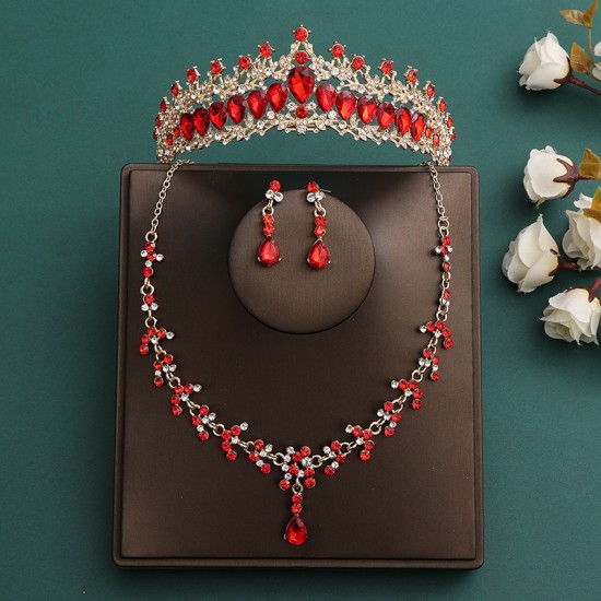 Festive red bridal set, three-piece set, necklace, earrings, crown, headwear, wedding accessories, birthday crown, women's hair accessory