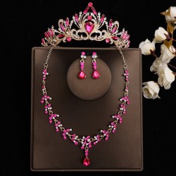 Rose red bridal headwear, crown, white main wedding dress, birthday hair accessory, Korean-style wedding luxury necklace and earrings three-piece set