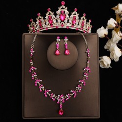 Rose red bridal headwear, crown, white main wedding dress, birthday hair accessory, Korean-style wedding luxury necklace and earrings three-piece set