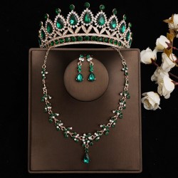 Green bridal crown three-piece set, wedding crown, headwear, necklace, earrings, Korean-style super ethereal wedding dress, evening gown and accessories