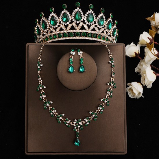 Green bridal crown three-piece set, wedding crown, headwear, necklace, earrings, Korean-style super ethereal wedding dress, evening gown and accessories Green bridal crown three-piece set, wedding crown, headwear, necklace, earrings, Korean-style super ethereal wedding dress, evening gown and accessories
