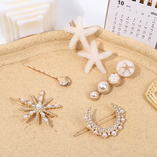 Korean-style cute pearl hair clips, Instagram double white sea star Moon 5-piece set hair clips, simple heart-shaped hair clips, wholesale hair accessories