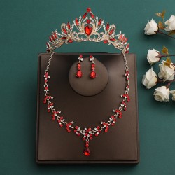 Festive red bridal set, three-piece set, necklace, earrings, crown, headwear, wedding accessories, birthday crown, women's hair accessory