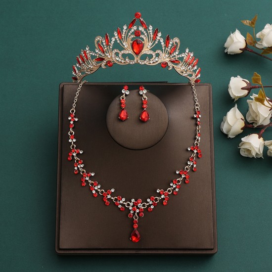 Festive red bridal set, three-piece set, necklace, earrings, crown, headwear, wedding accessories, birthday crown, women's hair accessory
