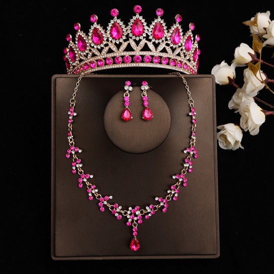 Rose red bridal headwear, crown, white main wedding dress, birthday hair accessory, Korean-style wedding luxury necklace and earrings three-piece set Rose red bridal headwear, crown, white main wedding dress, birthday hair accessory, Korean-style wedding luxury necklace and earrings three-piece set
