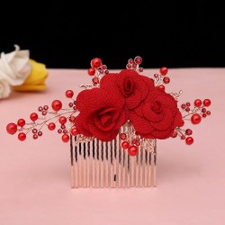 Bride's wedding red headwear, toasting suit, evening dress, hair accessory set, coiled hair accessory, Chinese wedding head flower, hair band