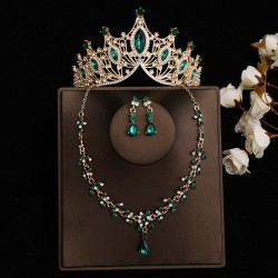 Green bridal crown three-piece set, wedding crown, headwear, necklace, earrings, Korean-style super ethereal wedding dress, evening gown and accessories