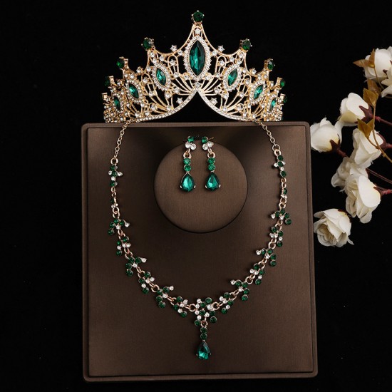 Green bridal crown three-piece set, wedding crown, headwear, necklace, earrings, Korean-style super ethereal wedding dress, evening gown and accessories Green bridal crown three-piece set, wedding crown, headwear, necklace, earrings, Korean-style super ethereal wedding dress, evening gown and accessories