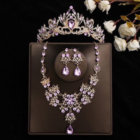 Bridal set, super ethereal purple three-piece set, necklace, earrings, crown, headwear, wedding accessories, birthday crown, girl Bridal set, super ethereal purple three-piece set, necklace, earrings, crown, headwear, wedding accessories, birthday crown, girl