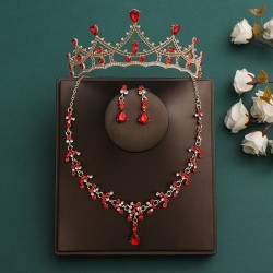 Festive red bridal set, three-piece set, necklace, earrings, crown, headwear, wedding accessories, birthday crown, women's hair accessory