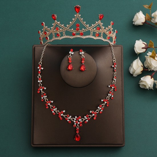 Festive red bridal set, three-piece set, necklace, earrings, crown, headwear, wedding accessories, birthday crown, women's hair accessory