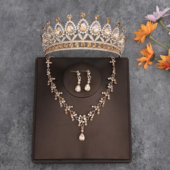 Korean-style bride's crown, grand headwear, three-piece wedding dress, birthday hair accessory, wedding dress with accessories, necklace and earrings