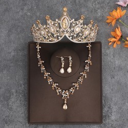 Korean-style bride's crown, grand headwear, three-piece wedding dress, birthday hair accessory, wedding dress with accessories, necklace and earrings