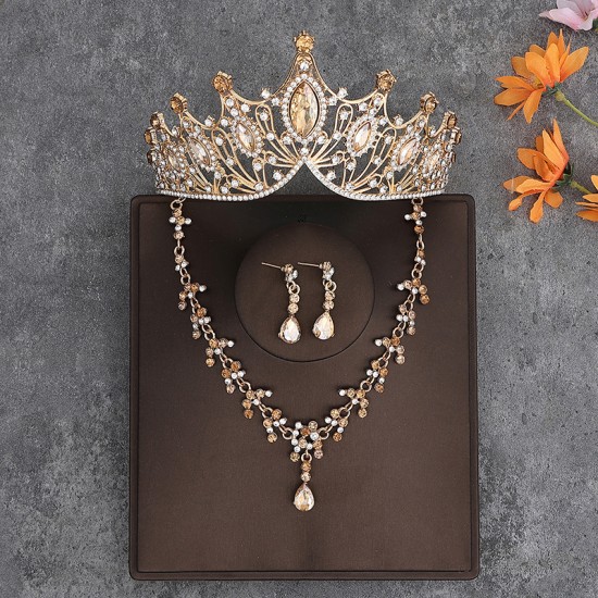 Korean-style bride's crown, grand headwear, three-piece wedding dress, birthday hair accessory, wedding dress with accessories, necklace and earrings