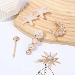 Korean-style cute pearl hair clips, Instagram double white sea star Moon 5-piece set hair clips, simple heart-shaped hair clips, wholesale hair accessories