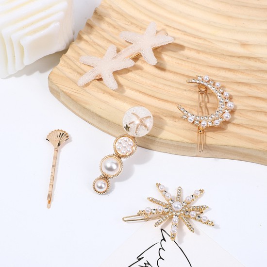 Korean-style cute pearl hair clips, Instagram double white sea star Moon 5-piece set hair clips, simple heart-shaped hair clips, wholesale hair accessories
