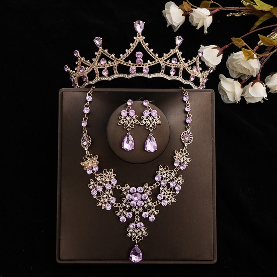 Bridal set, super ethereal purple three-piece set, necklace, earrings, crown, headwear, wedding accessories, birthday crown, girl Bridal set, super ethereal purple three-piece set, necklace, earrings, crown, headwear, wedding accessories, birthday crown, girl