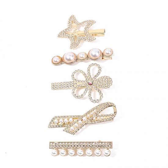 Starry Sea hair clip, Pearl Rhinestone Bow Hair clip, Korean version five-piece set edge clip, Broken Hair girl head accessory clip Starry Sea hair clip, Pearl Rhinestone Bow Hair clip, Korean version five-piece set edge clip, Broken Hair girl head accessory clip