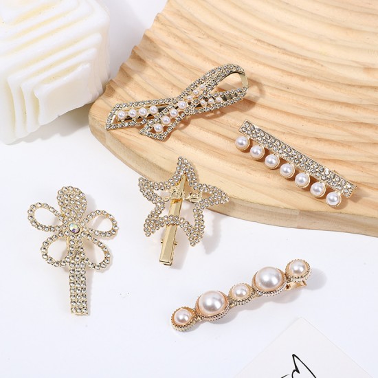 Starry Sea hair clip, Pearl Rhinestone Bow Hair clip, Korean version five-piece set edge clip, Broken Hair girl head accessory clip Starry Sea hair clip, Pearl Rhinestone Bow Hair clip, Korean version five-piece set edge clip, Broken Hair girl head accessory clip