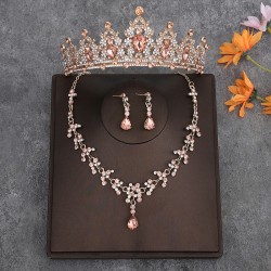 Korean-style bride's crown, grand headwear, three-piece wedding dress, birthday hair accessory, wedding dress with accessories, necklace and earrings