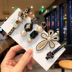 Little Bear Feather Hair Clip 6-piece set, Pearl Water Diamond Scissors hair clip, Korean ins style retro bangs clip, Fairy hair accessory